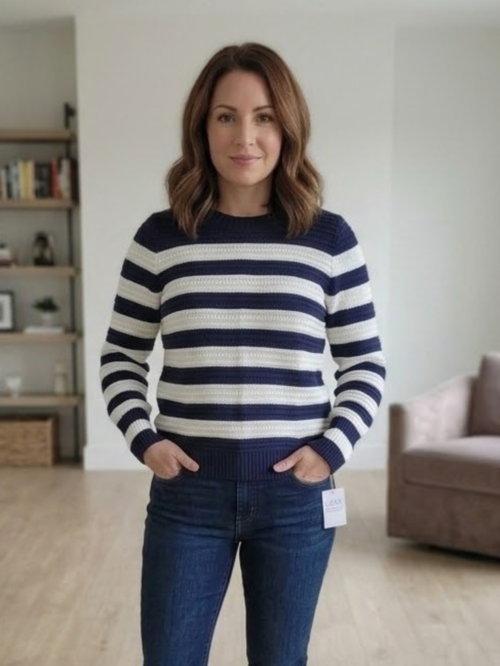 LOFT Navy and White Striped Crewneck Sweater